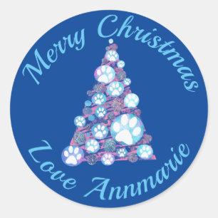 White Animal Paw Pink & Blue Weihnachtsbaum Blau Runder Aufkleber
