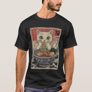 White Anime Cat Ramen Noodles Japanese Funny Kawai T-Shirt