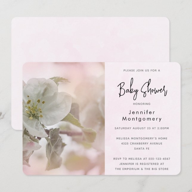White Apple Blossom Fotograf Babydusche Einladung (Vorne/Hinten)