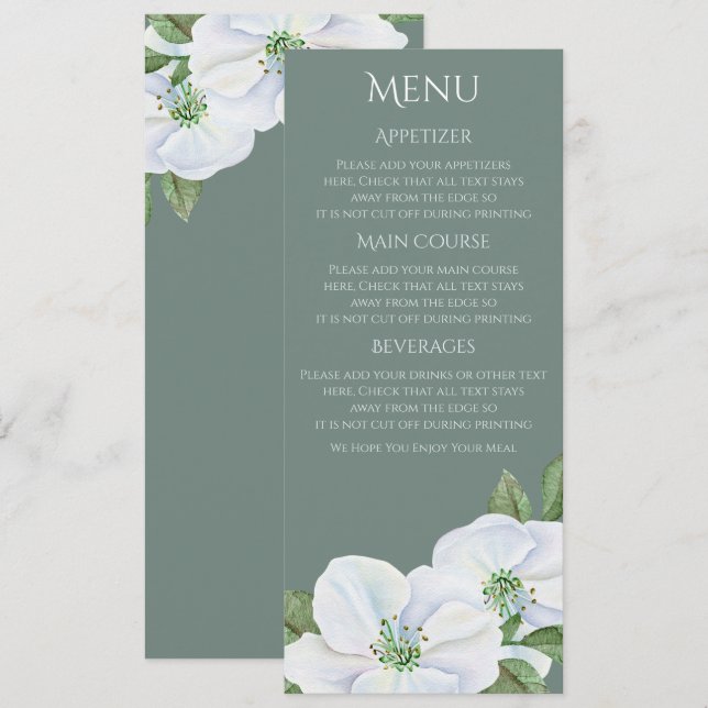 White Apple Blossom Menu Wedding Einladung (Vorne/Hinten)