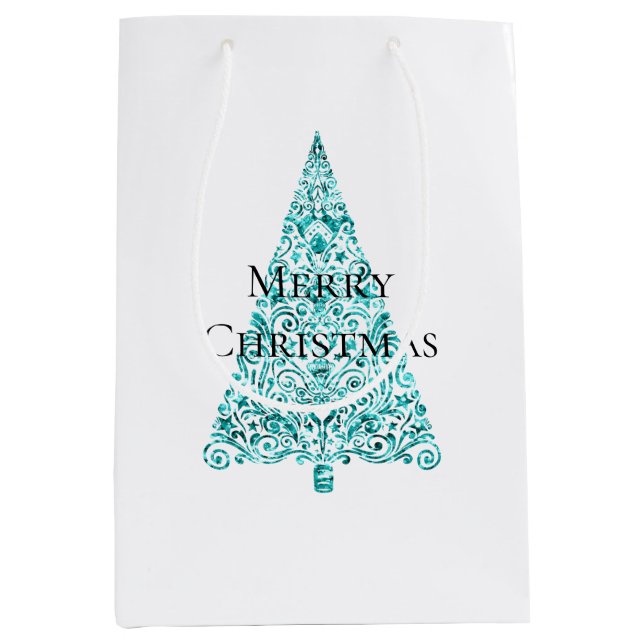 White Aqua Blue Christmas Tree Mittlere Geschenktüte (Vorderseite)