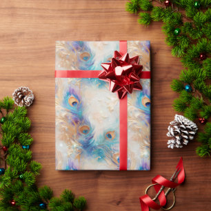 White Aqua Gold Peacock Feathers Geschenkpapier