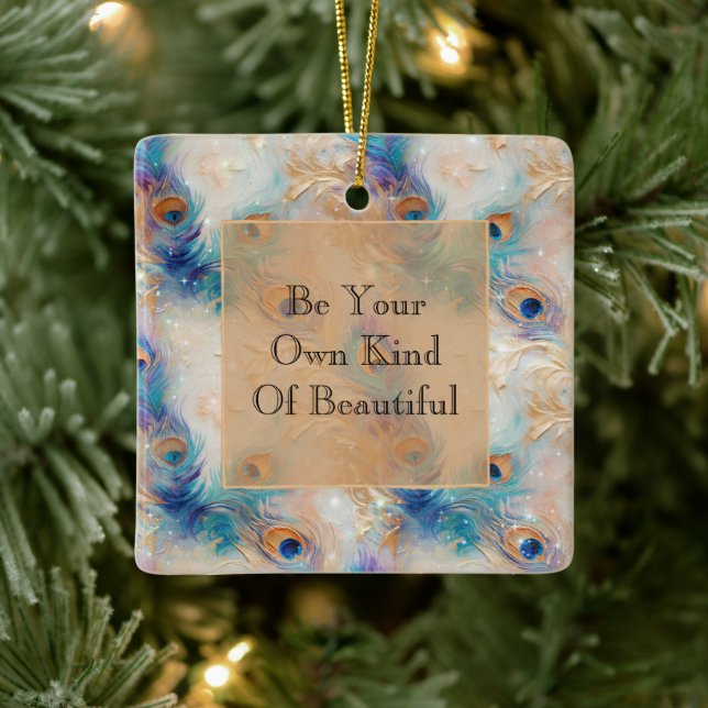 White Aqua Gold Peacock Feathers Keramikornament (Baum)