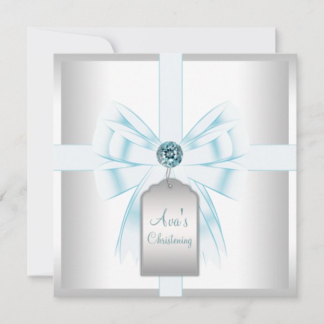 White Aquamarin Blue Baby Taufe Christening Einladung (Vorderseite)