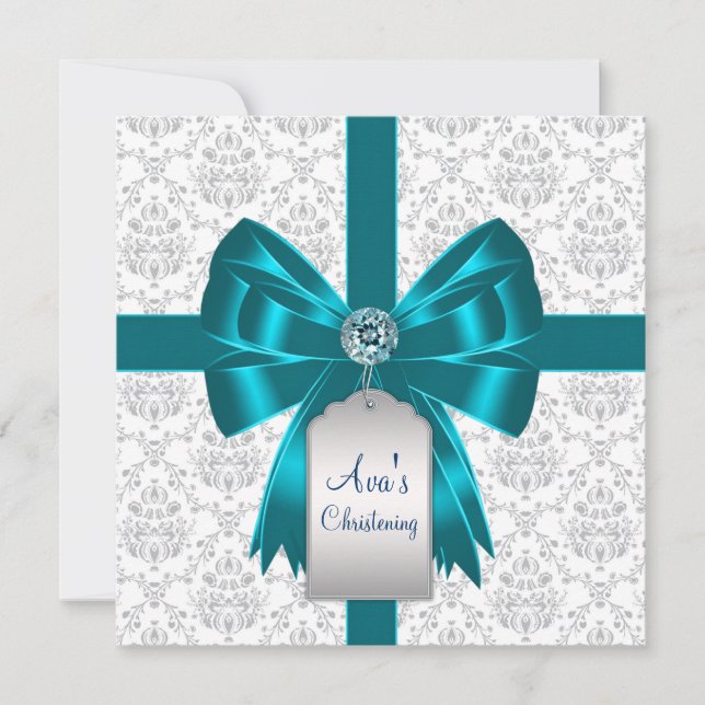 White Aquamarin Blue Damask Baby Christening Einladung (Vorderseite)