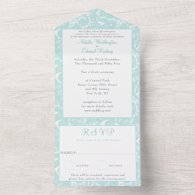 White Aquamarin Filigree Paisley Henna Wedding RSV All In One Einladung (Innen Boden)