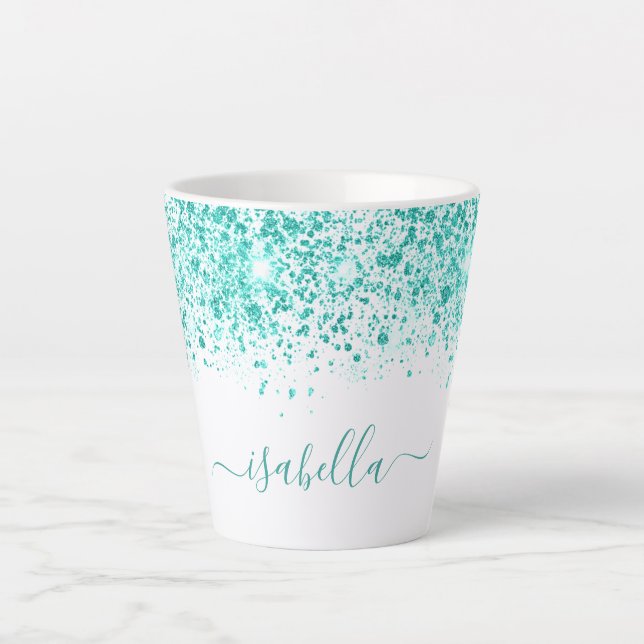 White aquamarin Glitzer Sea Green Namensskript Milchtasse (Vorderseite)