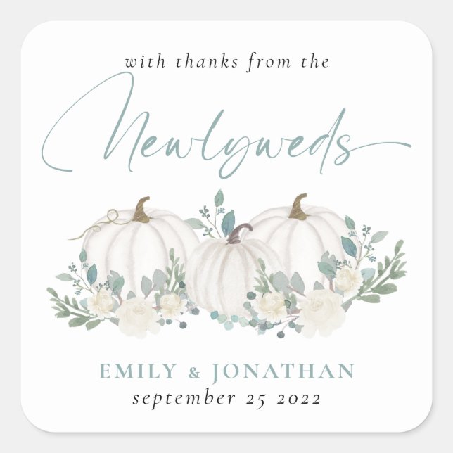 White Aquamarin Pumpkins Florals Dank von Newlywed Quadratischer Aufkleber (Vorderseite)