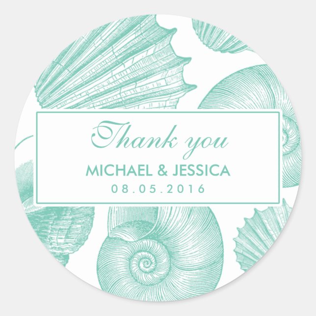 White Aquamarin Seashell Wedding Vielen Dank Stick Runder Aufkleber (Vorderseite)
