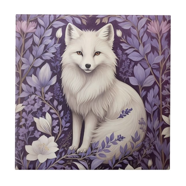 White Arctic Fox Lavender William Morris Blume Fliese (Vorderseite)