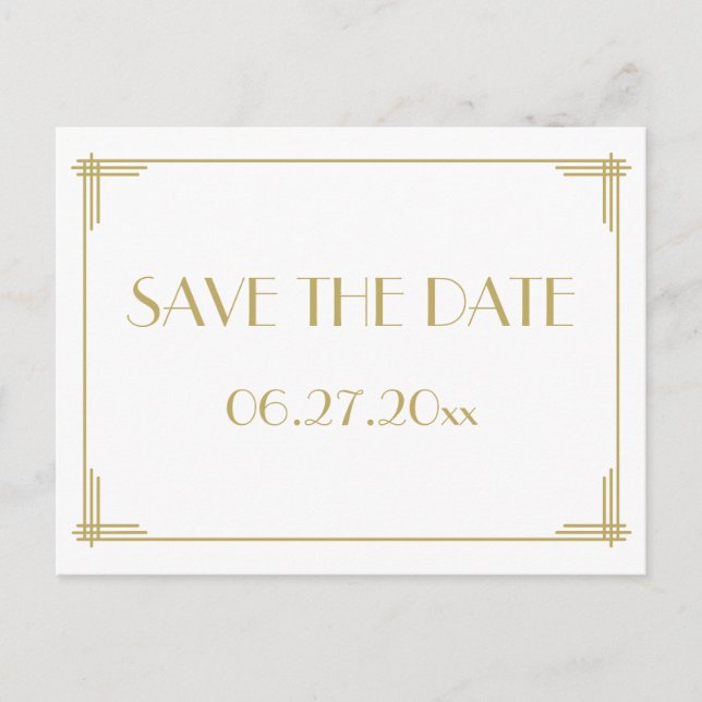 White Art Deco Great Gatsby Save the Date Postcard Ankündigungspostkarte (Vorderseite)