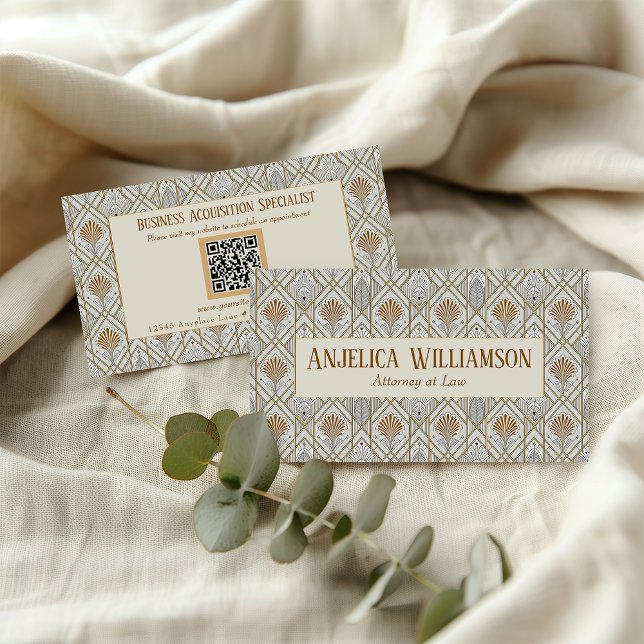 White Art Deco QR Code Business Card Visitenkarte (Von Creator hochgeladen)