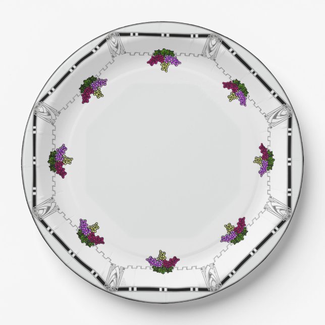 White Art Deco - Schwarz, Silber, Violet Trauben - Pappteller (Vorderseite)