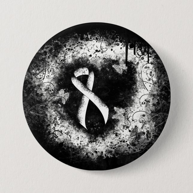 White Awareness Ribbon Grunge Herz Button (Vorderseite)