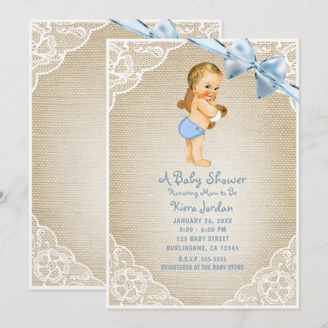 White Baby Boy Bear & Blue Bow Burlap Baby Dusche Einladung (Vorne/Hinten)