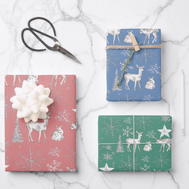 White Baby Doer Deer Silver Schneeflocken und Ster Geschenkpapier Set (Vorderseite)