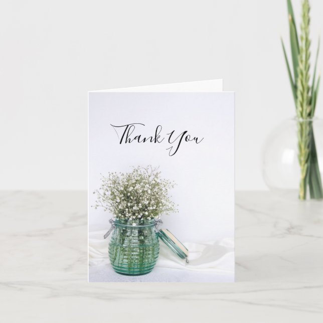 White Babys Breath in Blue Jar Wedding Vielen Dank Dankeskarte (Vorderseite)