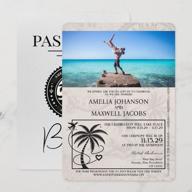 White Bahamas Passport Hochzeitseinladung Einladung (Vorne/Hinten)