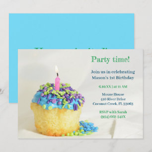 White Balloon blue cupcake Birthday Einladung