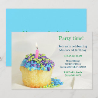 White Balloon blue cupcake Birthday Einladung