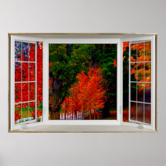 White Bay Window Illusion Autumn Scene Poster
