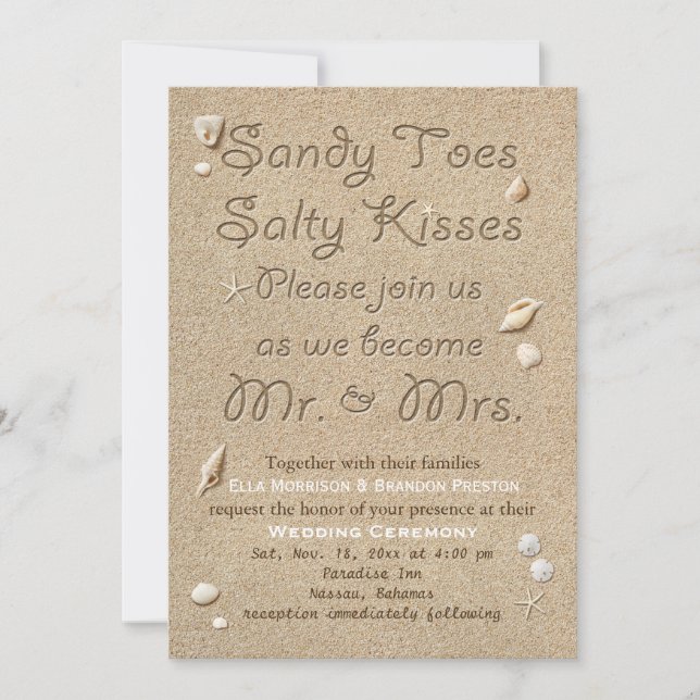 White Beach Sandy Toes Salty Kisses Wedding Einladung (Vorderseite)