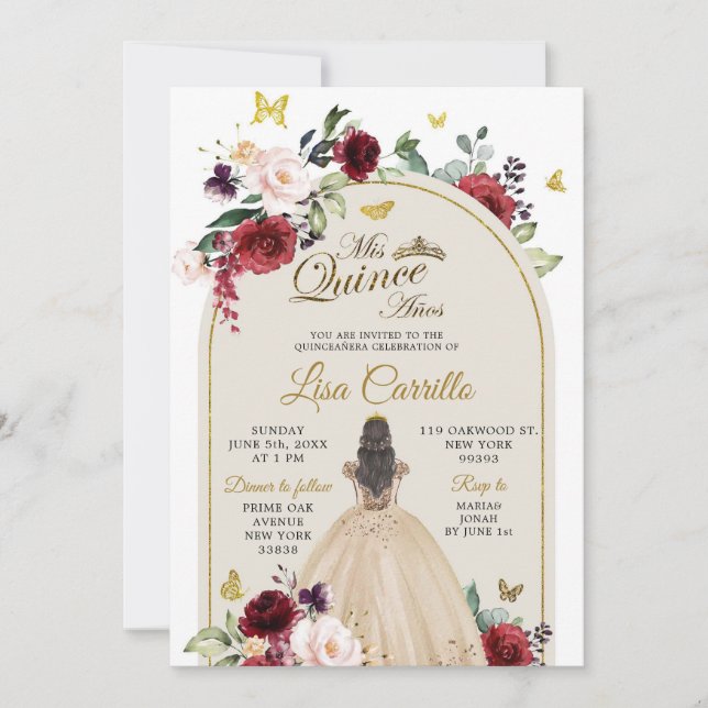 White Beige und Marsala Butterfly Mis Quince Einladung (Vorderseite)