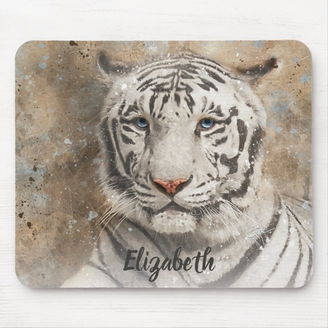 White Bengalisch Tiger Fotografy Modern Watercolor Mousepad (Vorne)