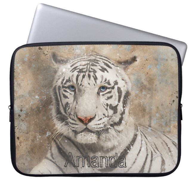 White Bengalisch Tiger Watercolor Monogram Laptopschutzhülle (Vorderseite)