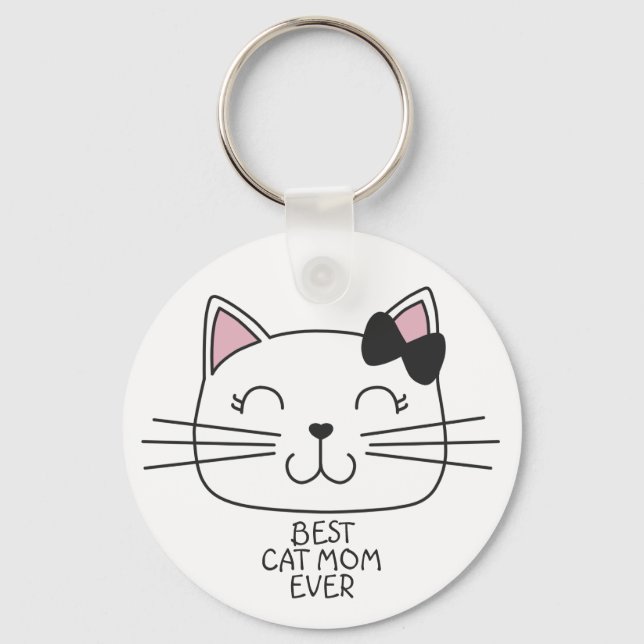 White Best Cat Mama mit niedlichem Cartoon Kätzche Schlüsselanhänger (Vorderseite)