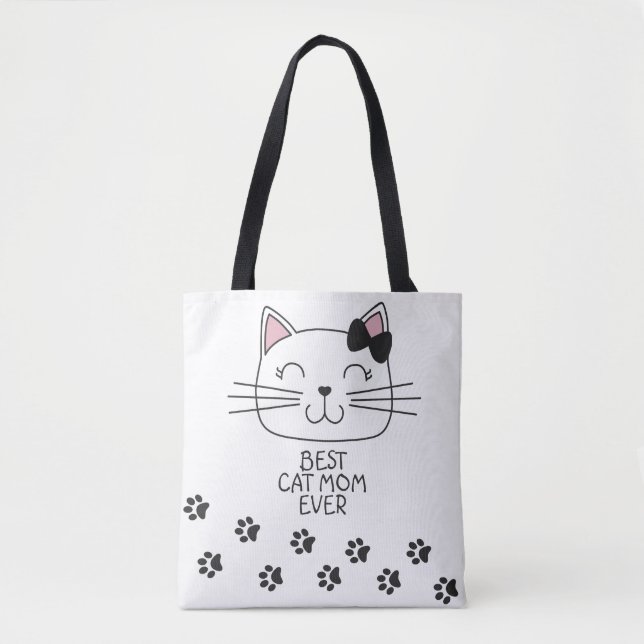 White Best Cat Mama mit niedlichem Cartoon Kätzche Tasche (Vorderseite)