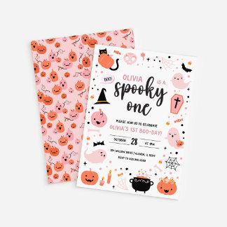 White BG Pink and Orange Halloween 1st Birthday In Einladung