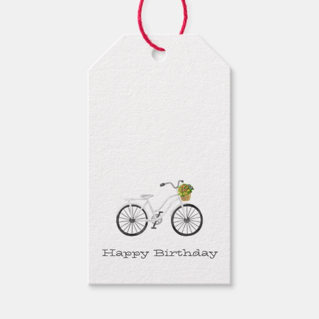 White Bicycle HAPPY BIRTHDAY Blume Basket Spaß Geschenkanhänger (Vorderseite)