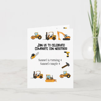 White Bilingual Boy Birthday Party Construction Einladung