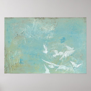 White Birds Flying Through Blue Sky Poster