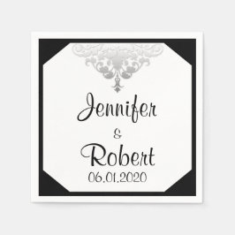 White Black and Silver Damask Wedkin Napkin Serviette