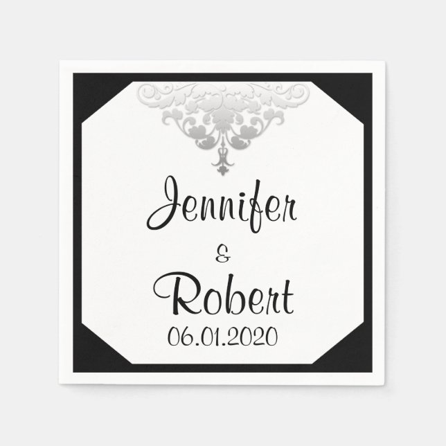 White Black and Silver Damask Wedkin Napkin Serviette (Vorderseite)
