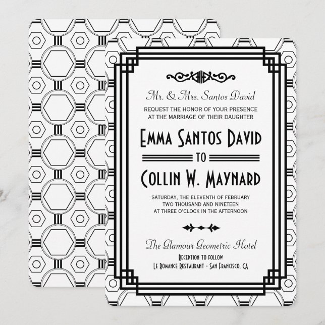 White & Black Art Deco Einladungen für Hochzeiten (Vorne/Hinten)
