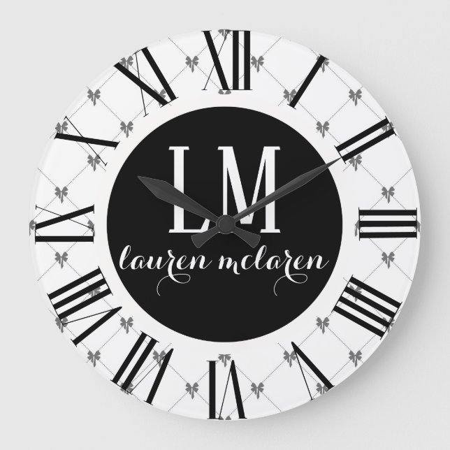 White & Black Bow Monogram Große Wanduhr (Vorderseite)