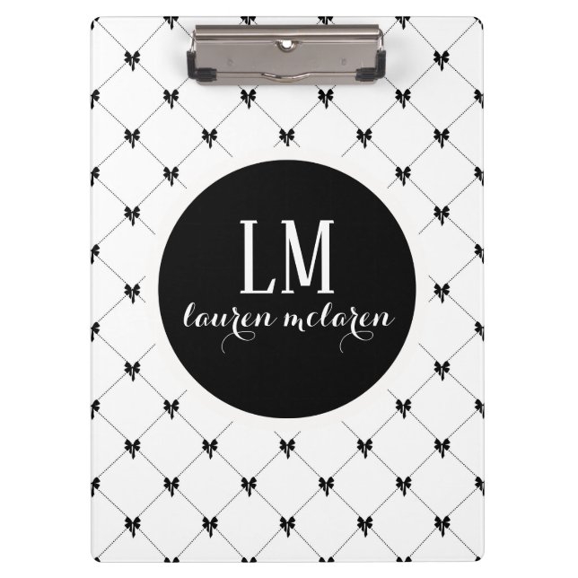 White & Black Bow Monogram Klemmbrett (Vorderseite)