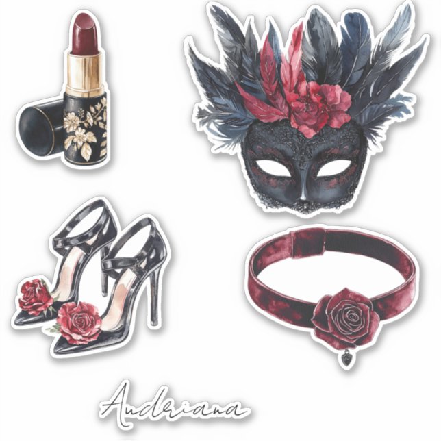 White Black Burgundy Red Feathers Maske Aufkleber (Vorderseite)