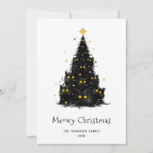 White Black Cat Meowy Weihnachtsbaum Feiertagskarte