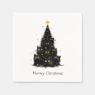 White Black Cat Meowy Weihnachtsbaum Serviette