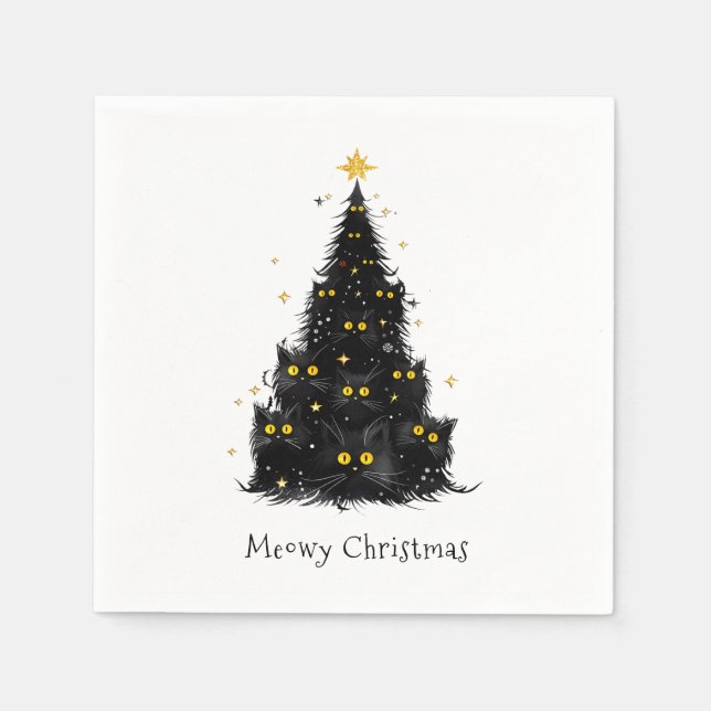 White Black Cat Meowy Weihnachtsbaum Serviette (Vorderseite)