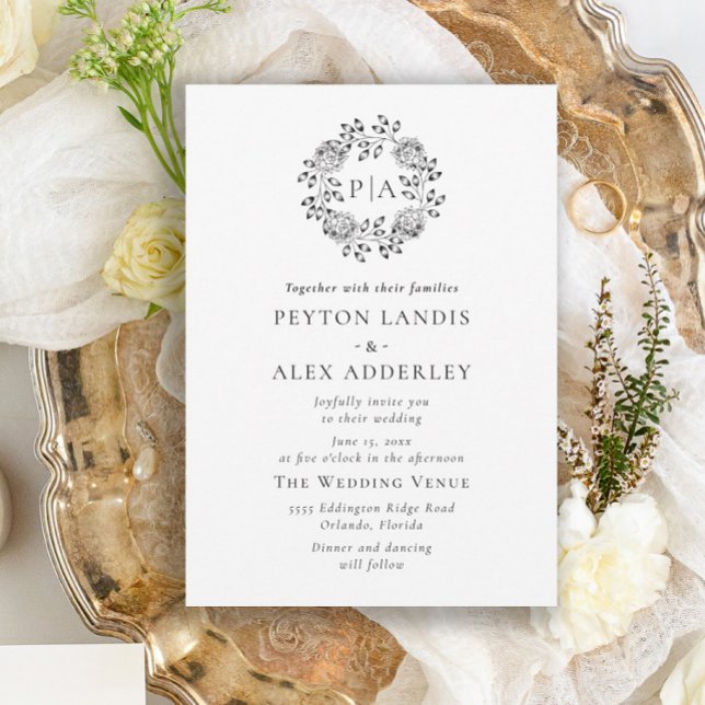 White Black Classic Monogram Wedding Invita Einladung (Von Creator hochgeladen)