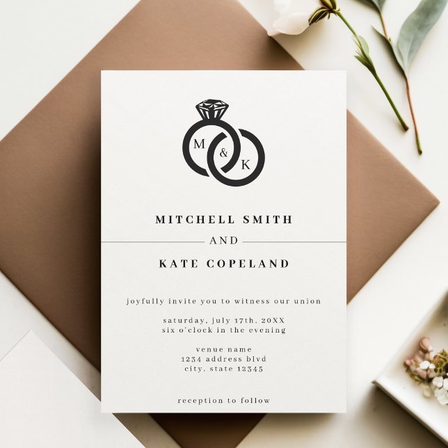 White & Black Diamond Ring Monogram Wedding Einladung (White & Black Diamond Ring Monogram Wedding Invitation)