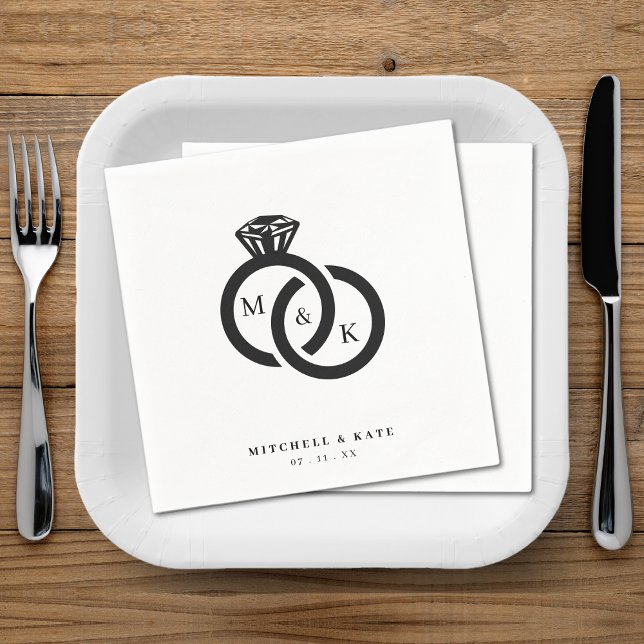 White & Black Diamond Ring Monogram Wedding Serviette (White & Black Diamond Ring Monogram Wedding Napkins)