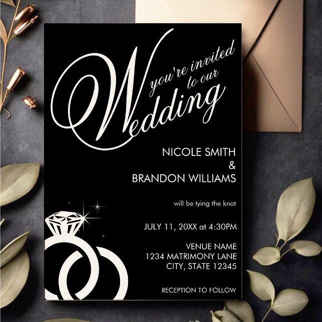 White & Black Diamond Ring Wedding Einladung (White & Black Diamond Ring Wedding Invitation)