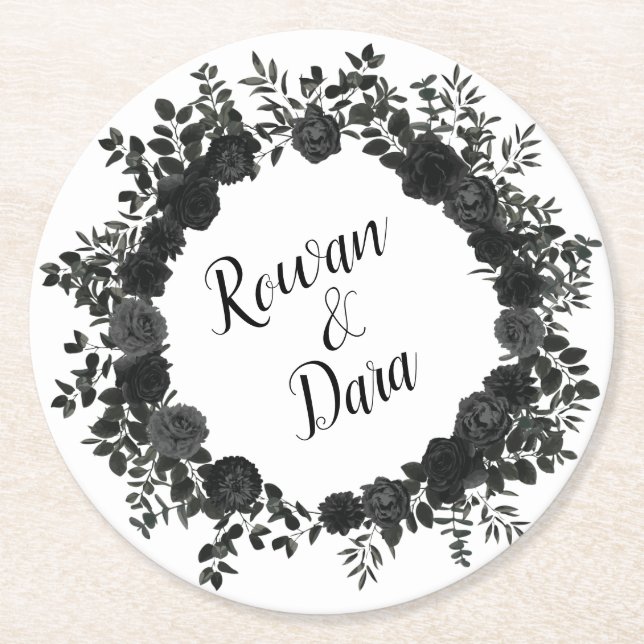 White Black Elegante Rose Gothic Wedding Untersetz Runder Pappuntersetzer (Vorderseite)