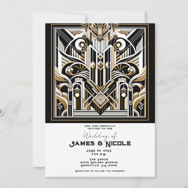 White Black Gold Art Deco Roaring 20's Wedding Einladung (Vorderseite)